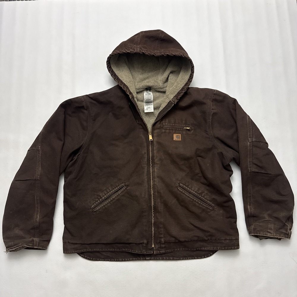 Vintage Carhartt Jacket Mens XL Dark Brown Fleece Lined Hooded DKB Workwear